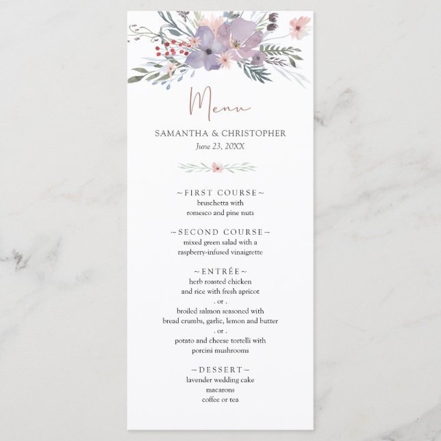Watercolor Wildflower Violet Copper Wedding Menu (Front)