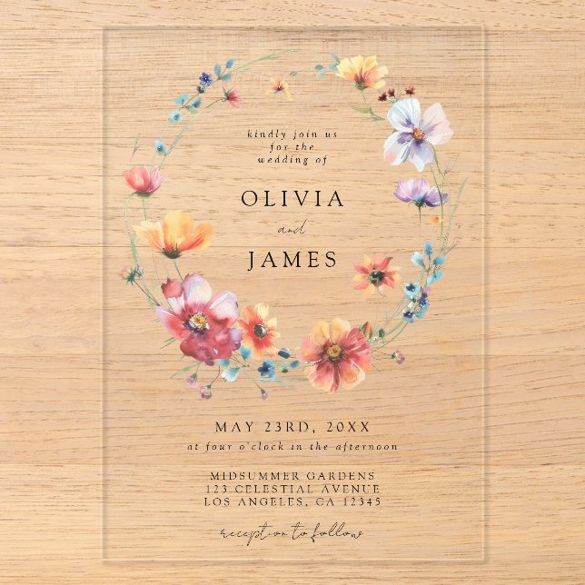 Watercolor Wildflower Wedding Acrylic Invitations (Front)