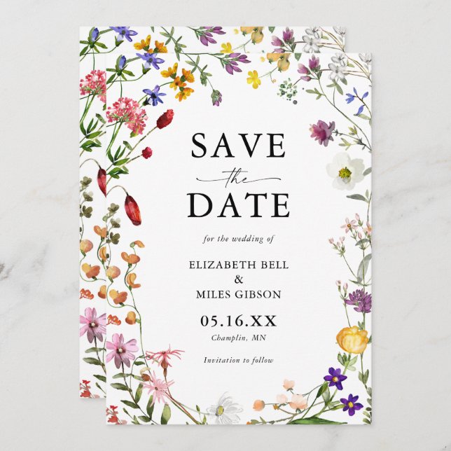 Watercolor Wildflower Wedding Save the Date Invitation (Front/Back)