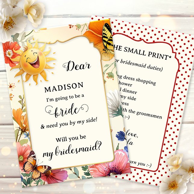 Watercolor Wildflower Will you be my Bridesmaid Card (Bridesmaid invitation card featuring a whimsical watercolor wildflower design with laughing sun)
