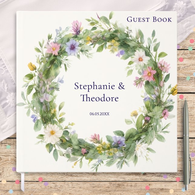 Watercolor Wildflower Wreath Personalized Wedding Guest Book (A personalized wedding guest book with a wildflower wreath design in a watercolor style)