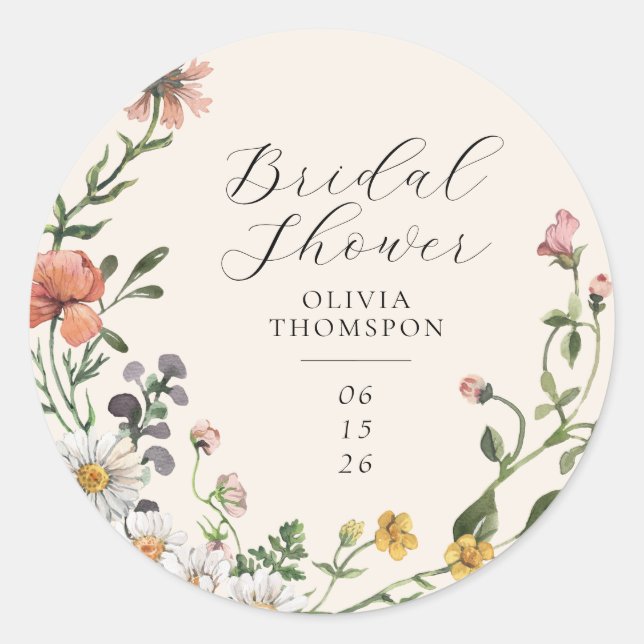 Watercolor Wildflower Wreath Script Bridal Shower Classic Round Sticker (Front)