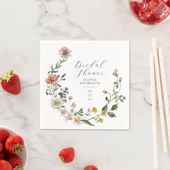 Watercolor Wildflower Wreath Script Bridal Shower Napkin (Insitu)
