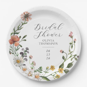 Watercolor Wildflower Wreath Script Bridal Shower Paper Plate