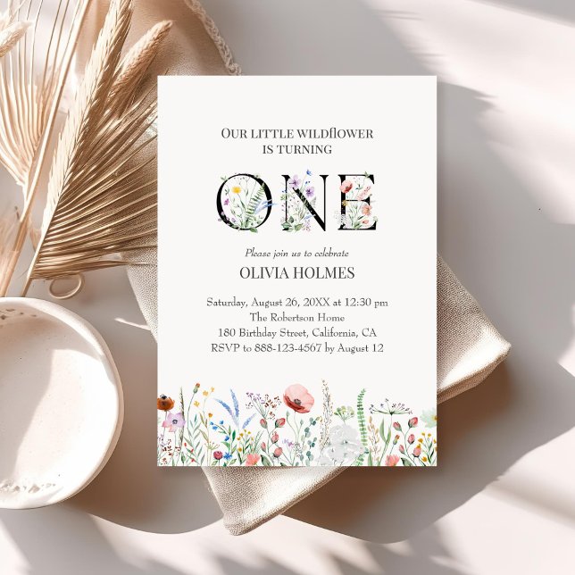 Watercolor Wildflowers 1st Birthday Invitation (Watercolor Wildflowers 1st Birthday Invitation on a sunny neutral boho table.)
