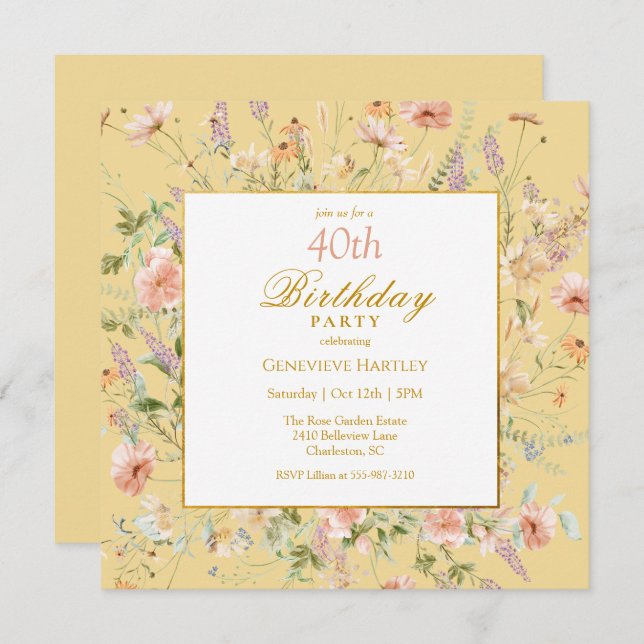Watercolor Wildflowers 40th Yellow Birthday Invitation (Front/Back)