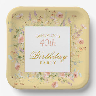 Watercolor Wildflowers 40th Yellow Birthday Paper Plate