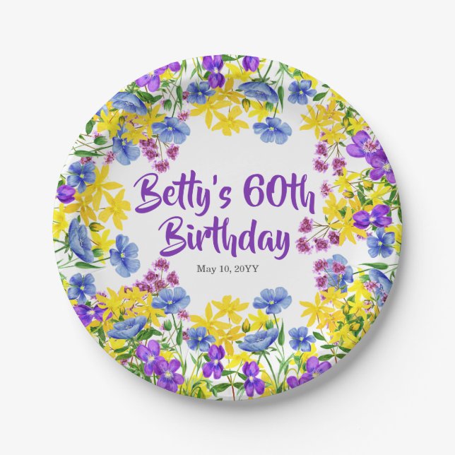 Watercolor Wildflowers 60th Birthday Party Paper Plate (Front)