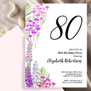 Watercolor Wildflowers 80th Birthday Invitation