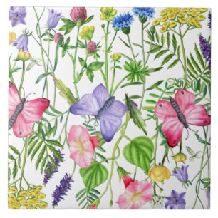 Watercolor Wildflowers and Butterflies Colourful Tile