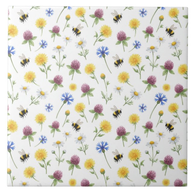 Watercolor Wildflowers and Honeybees  Tile (Front)
