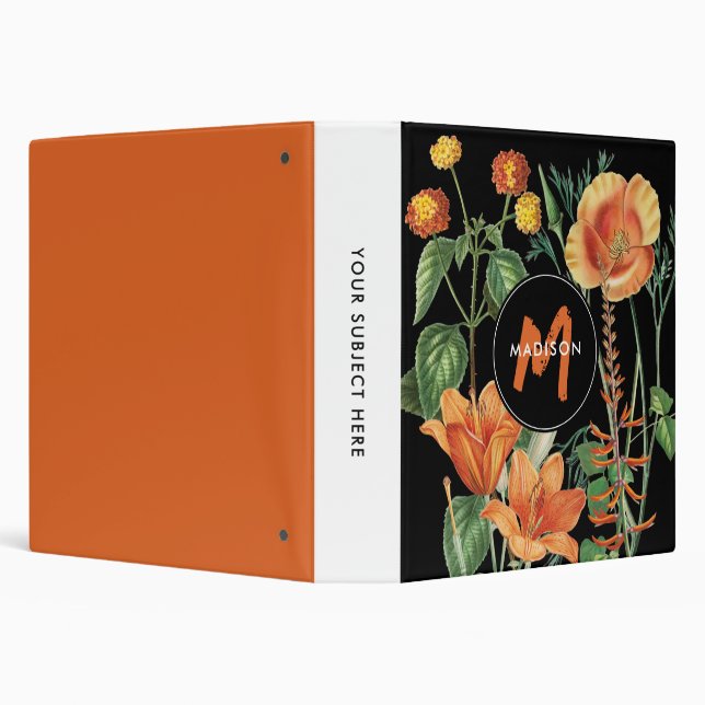 Watercolor Wildflowers Black Orange Monogram  Binder (Background)