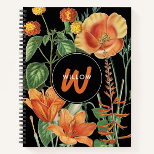 Watercolor Wildflowers Black Orange Monogram Notebook