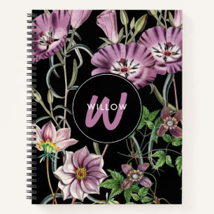 Watercolor Wildflowers Black Purple Monogram  Notebook