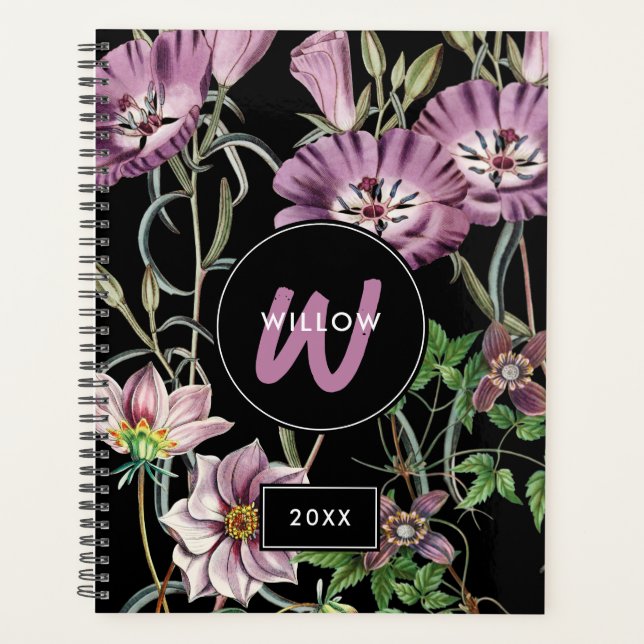 Watercolor Wildflowers Black Purple Monogram   Planner (Front)