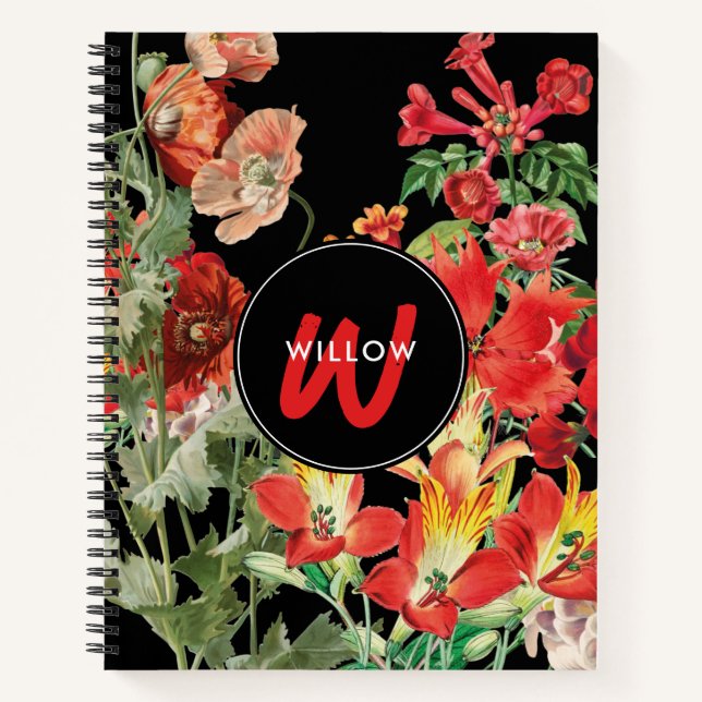 Watercolor Wildflowers Black Red Monogram  Notebook (Front)