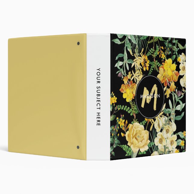 Watercolor Wildflowers Black Yellow Monogram Binder (Background)