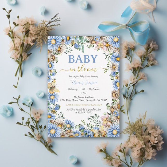 Watercolor Wildflowers Blue Rustic Boy Baby Shower Invitation (Creator Uploaded)