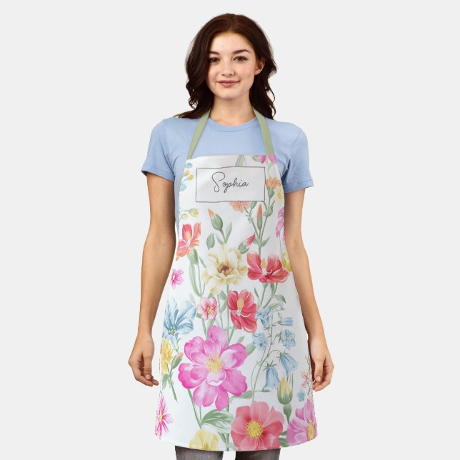 Watercolor Wildflowers Boho Stylish with  Apron (Worn)