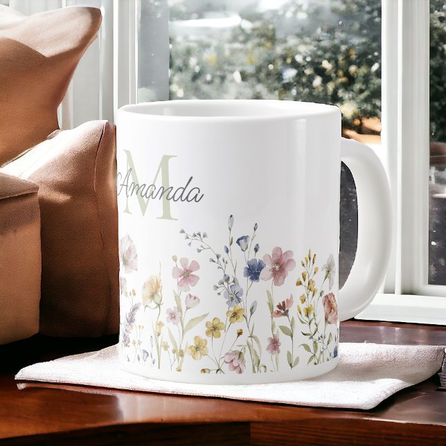 Watercolor Wildflowers Boho Stylish with Monogram Large Coffee Mug (Creator Uploaded)