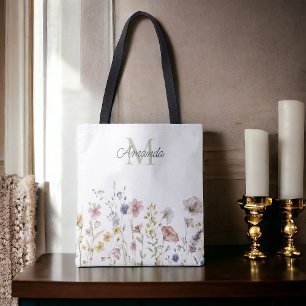 Watercolor Wildflowers Boho Stylish with Monogram Tote Bag