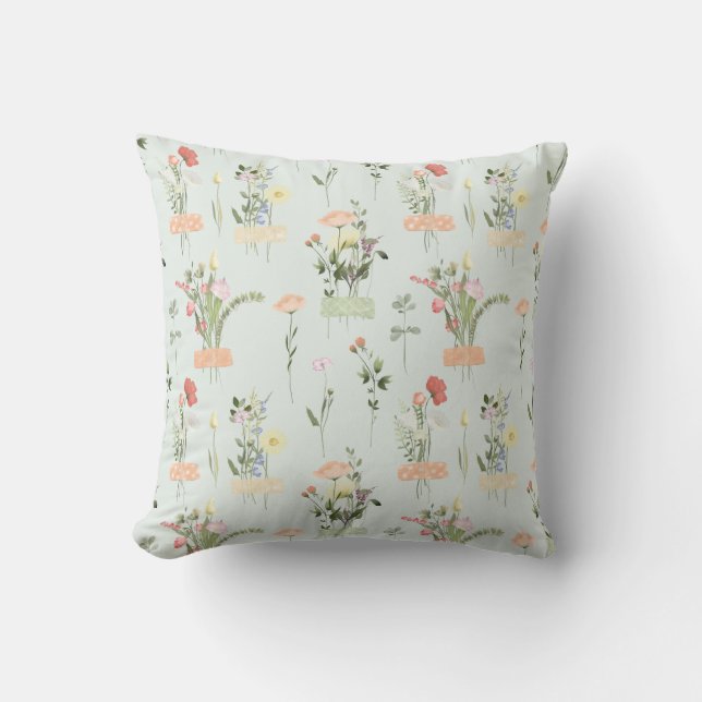Watercolor Wildflowers Botanical Pattern Throw Pillow (Front)