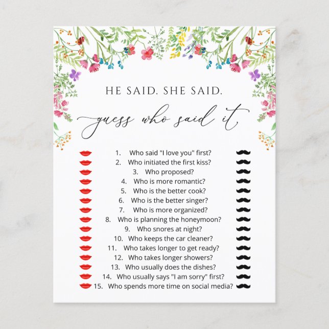 Watercolor Wildflowers Bridal Shower Game (Front)
