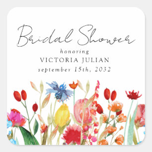 Watercolor Wildflowers Bridal Shower Square Sticker