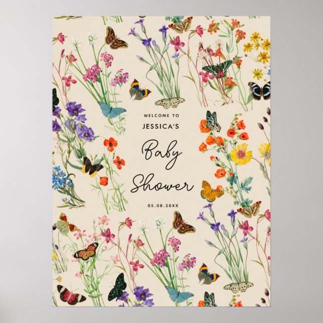 Watercolor Wildflowers Butterflies Baby Shower  Poster (Front)