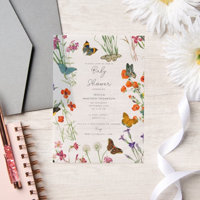 Watercolor Wildflowers Butterflies Baby Shower Vellum Invitations (Wedding)