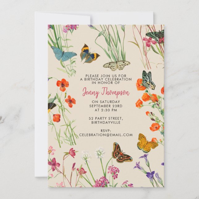 Watercolor Wildflowers Butterflies Birthday Party Invitation (Front)