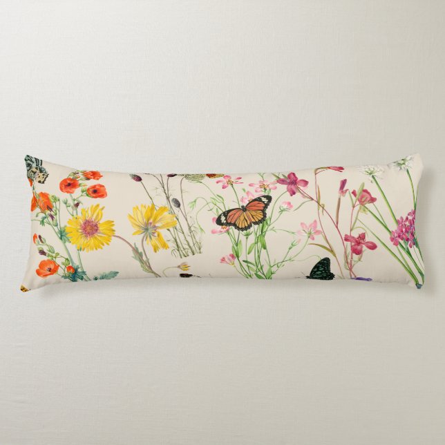 Watercolor Wildflowers & Butterflies Floral Garden Body Pillow (Front)