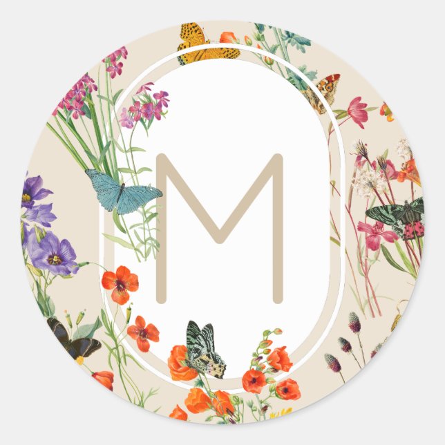 Watercolor Wildflowers & Butterflies Floral Garden Classic Round Sticker (Front)