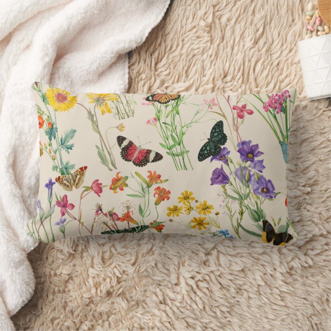 Watercolor Wildflowers & Butterflies Floral Garden Lumbar Pillow (Blanket)