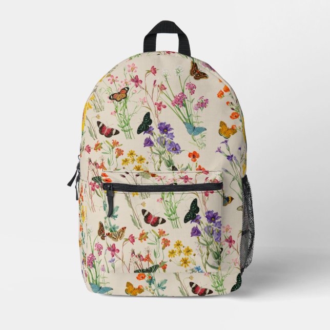 Watercolor Wildflowers & Butterflies Floral Garden Printed Backpack (Front)