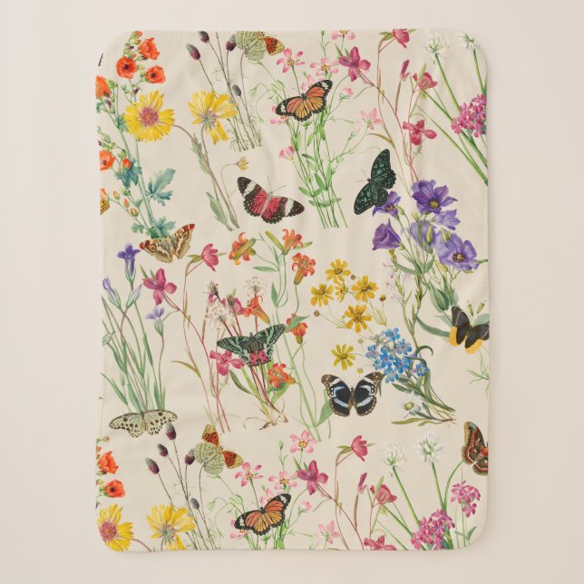 Watercolor Wildflowers & Butterflies Floral Garden Sherpa Blanket (Front)