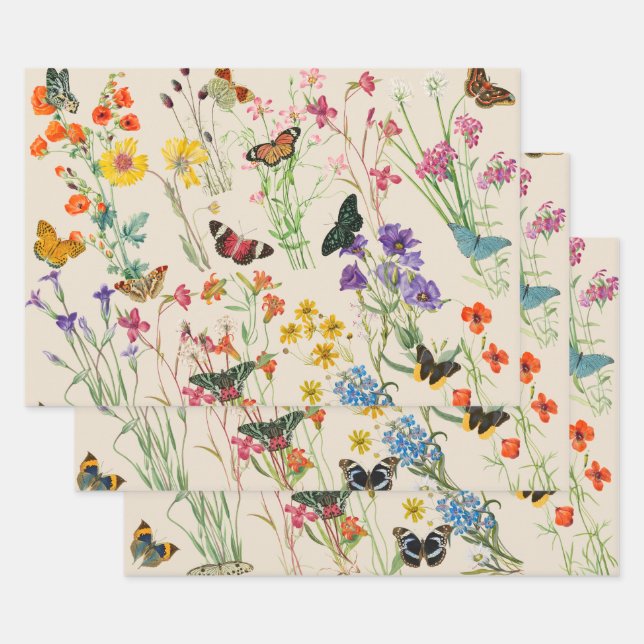 Watercolor Wildflowers & Butterflies Floral Garden Wrapping Paper Sheet (Set)