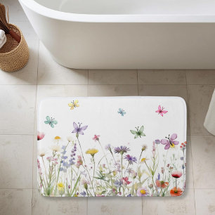 Watercolor wildflowers butterflies meadow delicate bath mat