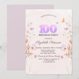 Watercolor Wildflowers Butterfly 100th Birthday   Invitation
