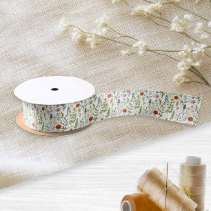 Watercolor Wildflowers Colourful Rustic Patterned Satin Ribbon