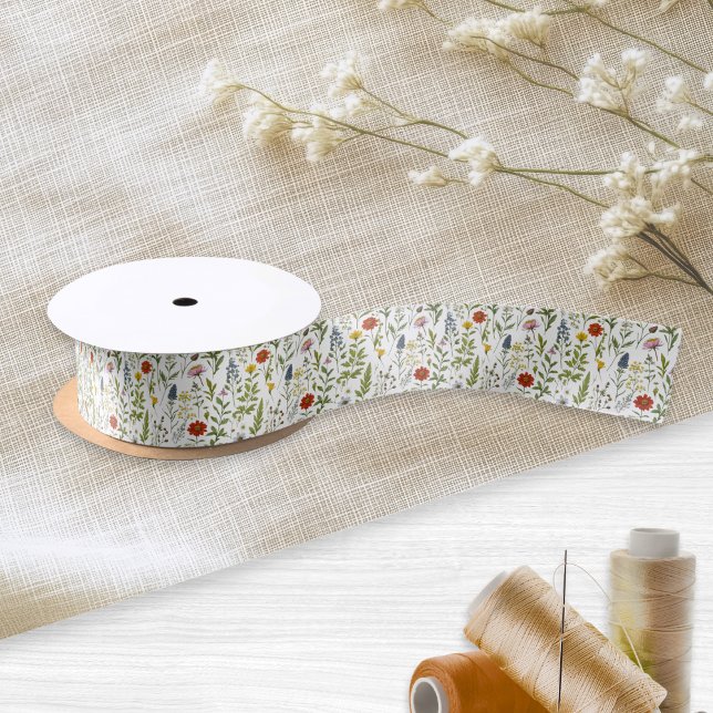Watercolor Wildflowers Colourful Rustic Patterned Satin Ribbon (An elegant ribbon with pattern of colorful wildflowers in a watercolor style)