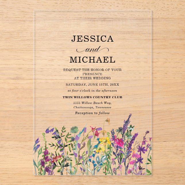 Watercolor Wildflowers Country Wedding Acrylic Invitations (Front)