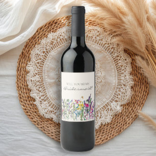 Watercolor Wildflowers Cream Bridesmaid Proposal Wine Label