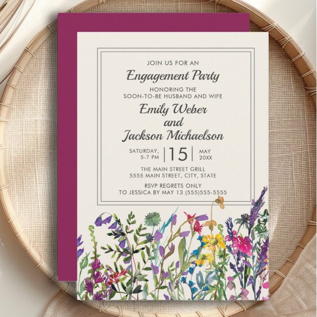 Watercolor Wildflowers Cream Purple Engagement Invitation (Watercolor wildflowers engagement party invitation )