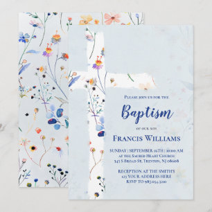 watercolor wildflowers cross Baptism Invitation