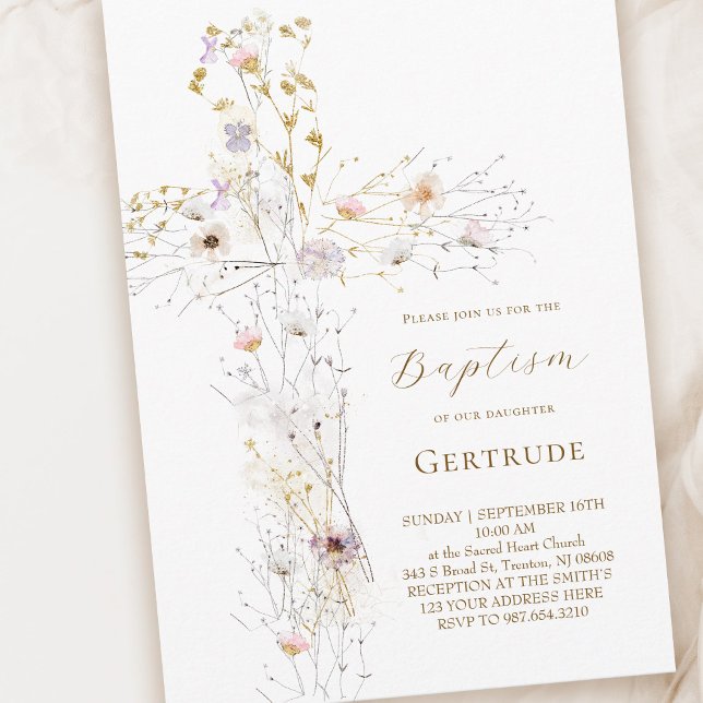 watercolor wildflowers cross Baptism Invitation (Creator Uploaded)