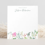 Watercolor Wildflowers Custom Name Floral Notepad<br><div class="desc">Elevate your desk with this gorgeous custom notepad design featuring an exquisite hand-painted watercolor border of lush botanicals and delicate florals. The bottom edge showcases soft green leaves, pink hydrangeas, and tiny red berries, creating a natural, peaceful frame. Above the ample writing space, your name is elegantly scripted in a...</div>