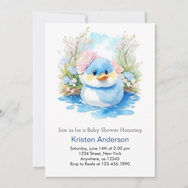 Watercolor Wildflowers Duckling Boy Baby Shower Invitation (Front)