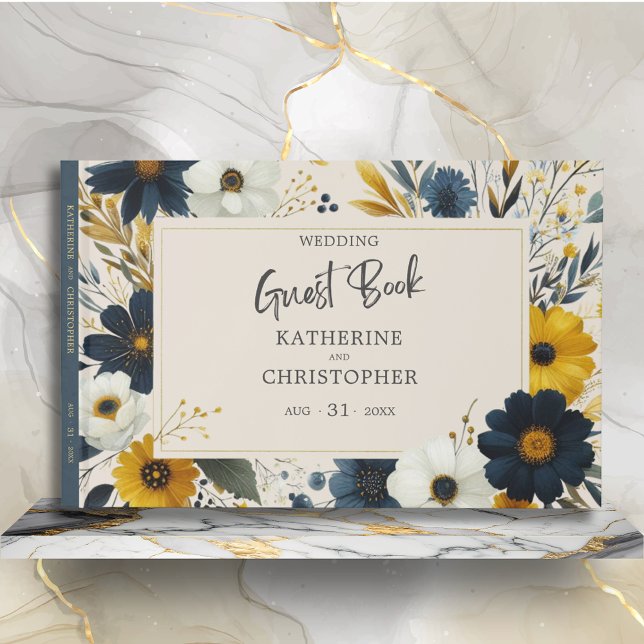 Watercolor Wildflowers Elegant Beige Wedding Guest Book (Watercolor Floral Elegant Wedding Guest Book with Blue Yellow Wildflowers, Wedding Info.)