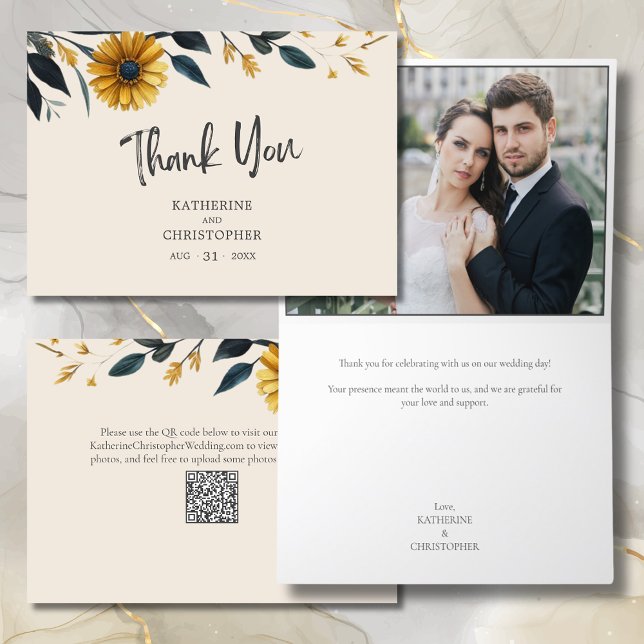 Watercolor Wildflowers Elegant Beige Wedding Photo Thank You Card (Watercolor Wildflowers Elegant Wedding Photo Thank You Card with Blue & Yellow Wildflowers, QR Code.)